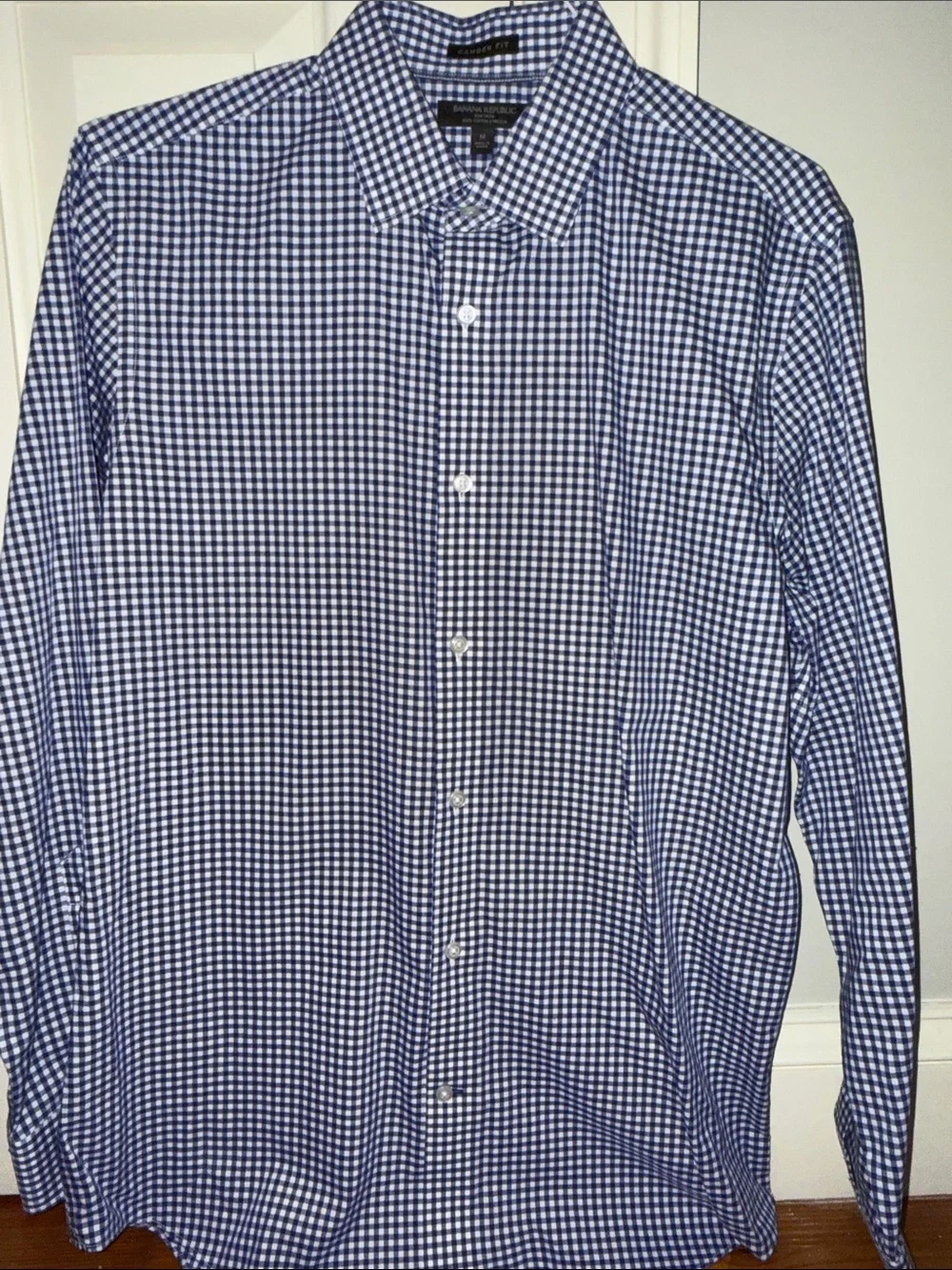 Banana Republic Navy and White Gingham Camden Dress Shirt M